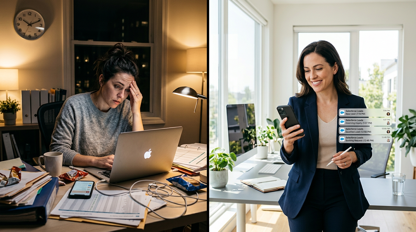 A business owner moving from late-night marketing fatigue to a streamlined automated lead pipeline